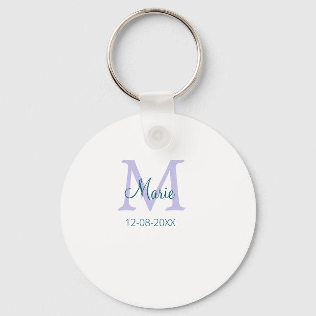simple minimal add name monogram purple green date keychain (Front)