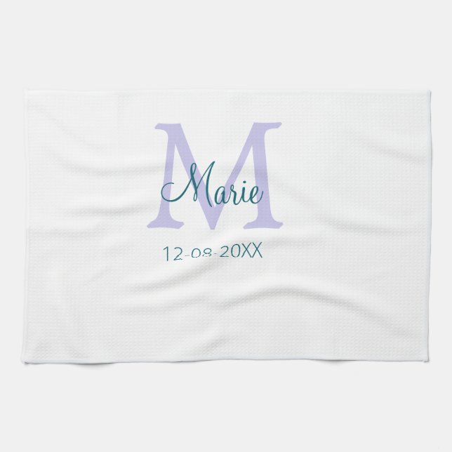 simple minimal add name monogram purple green date kitchen towel (Horizontal)