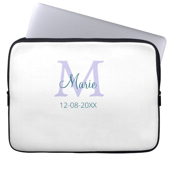 simple minimal add name monogram purple green date laptop sleeve (Front)