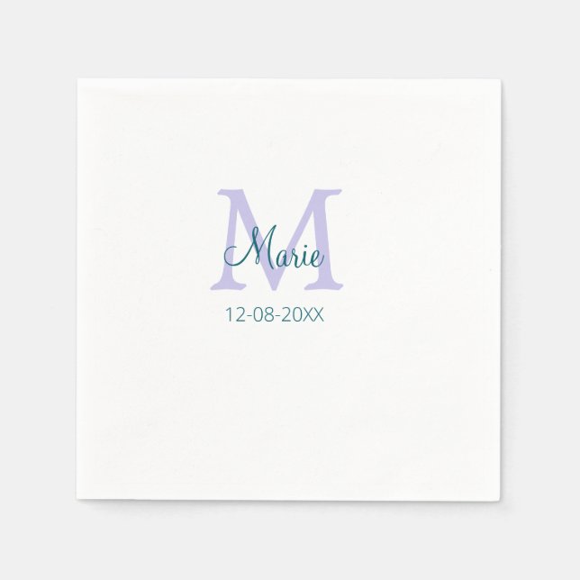 simple minimal add name monogram purple green date napkins (Front)