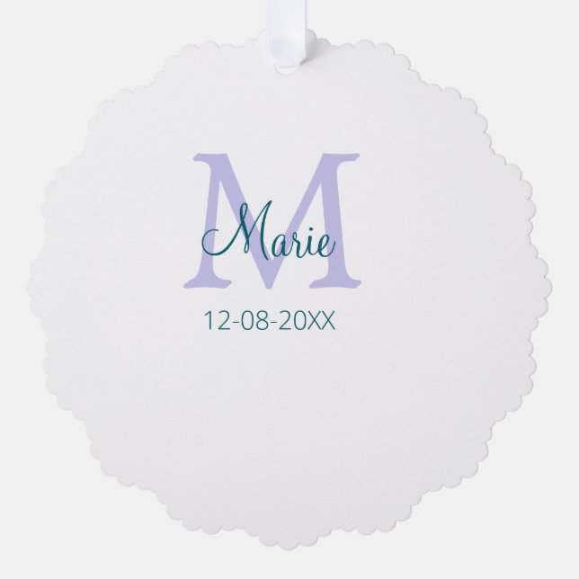 simple minimal add name monogram purple green date ornament card (Front)
