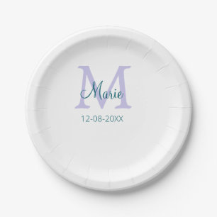 simple minimal add name monogram purple green date paper plates