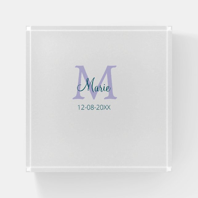 simple minimal add name monogram purple green date paperweight (Front)