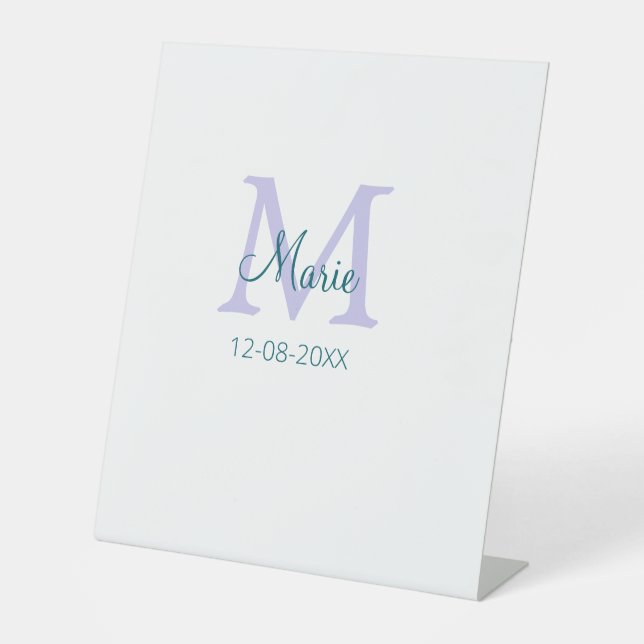simple minimal add name monogram purple green date pedestal sign (Front)