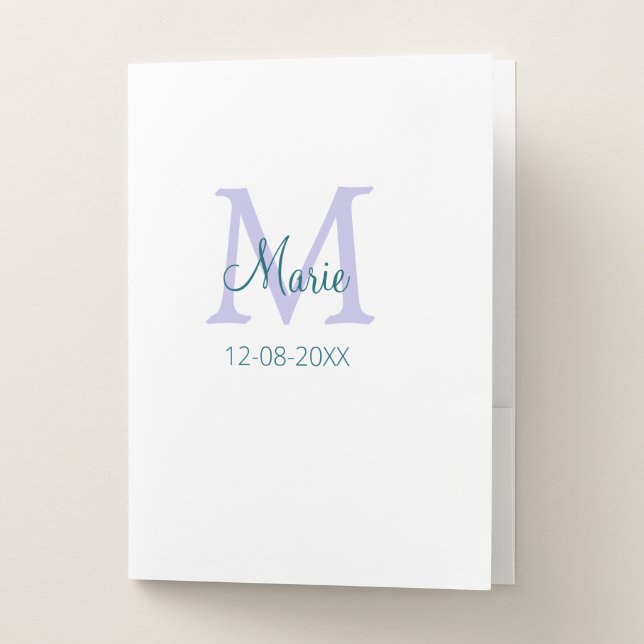 simple minimal add name monogram purple green date pocket folder (Front)