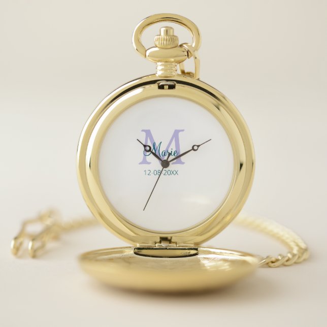 simple minimal add name monogram purple green date pocket watch (Inside)