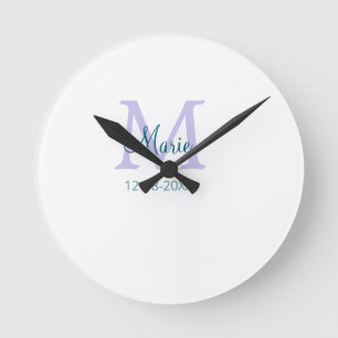 simple minimal add name monogram purple green date round clock