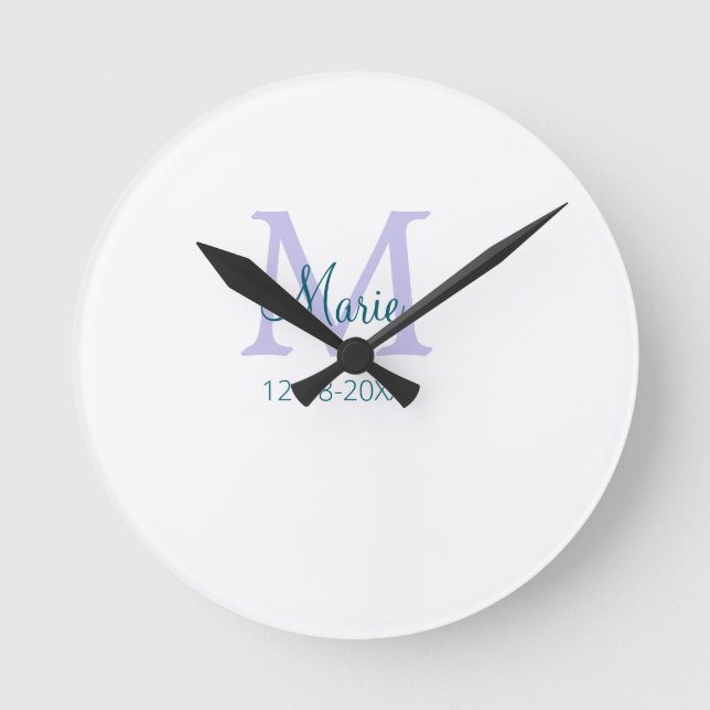 simple minimal add name monogram purple green date round clock (Front)