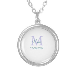 simple minimal add name monogram purple green date silver plated necklace