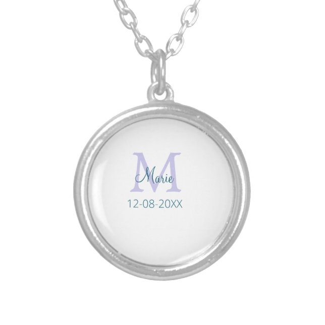 simple minimal add name monogram purple green date silver plated necklace (Front)