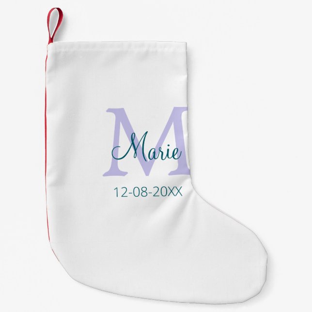 simple minimal add name monogram purple green date small christmas stocking (Front)