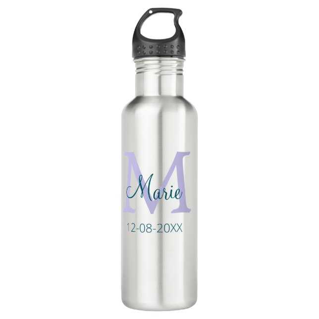 simple minimal add name monogram purple green date stainless steel water bottle (Front)