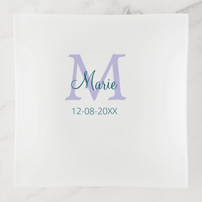 simple minimal add name monogram purple green date trinket tray (Front)