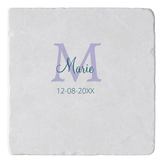 simple minimal add name monogram purple green date trivet (Front)