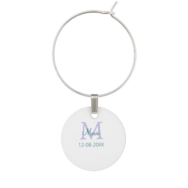 simple minimal add name monogram purple green date wine charm (Front)