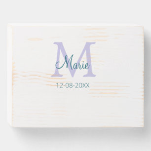 simple minimal add name monogram purple green date wooden box sign