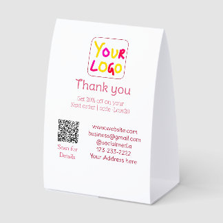 simple minimal add your logo/design here text Q R Paper Table Tent