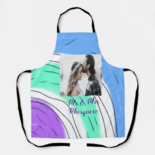 simple minimal add your name photo blue green purp apron