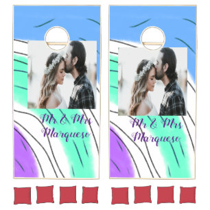 simple minimal add your name photo blue green purp cornhole set