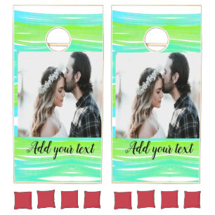 simple minimal add your name photo blue green wate cornhole set