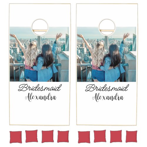 simple minimal add your name photo bridesmaid name cornhole set