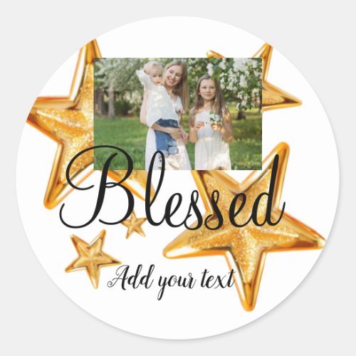 simple minimal add your name photo golden star thr classic round sticker