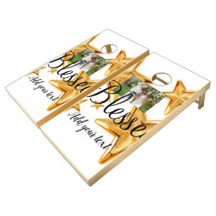 simple minimal add your name photo golden star thr cornhole set