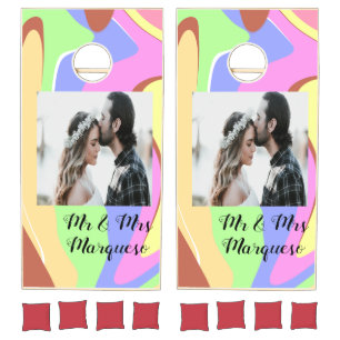 simple minimal add your name photo pink blue green cornhole set