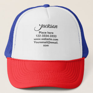 Simple minimal add your name text place city phone trucker hat