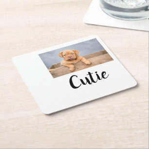 simple minimal add your pet photo name custom  square paper coaster