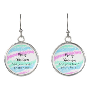 simple minimal add your text photo merry christmas earrings