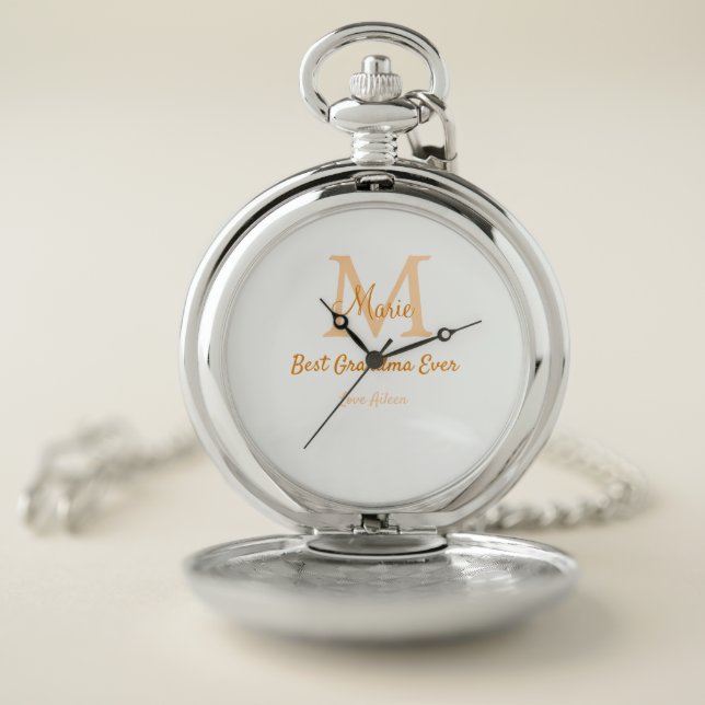 simple minimal best Grandma ever orange monogram Pocket Watch (Inside)