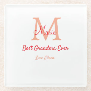 simple minimal best Grandma ever red monogram text Glass Coaster