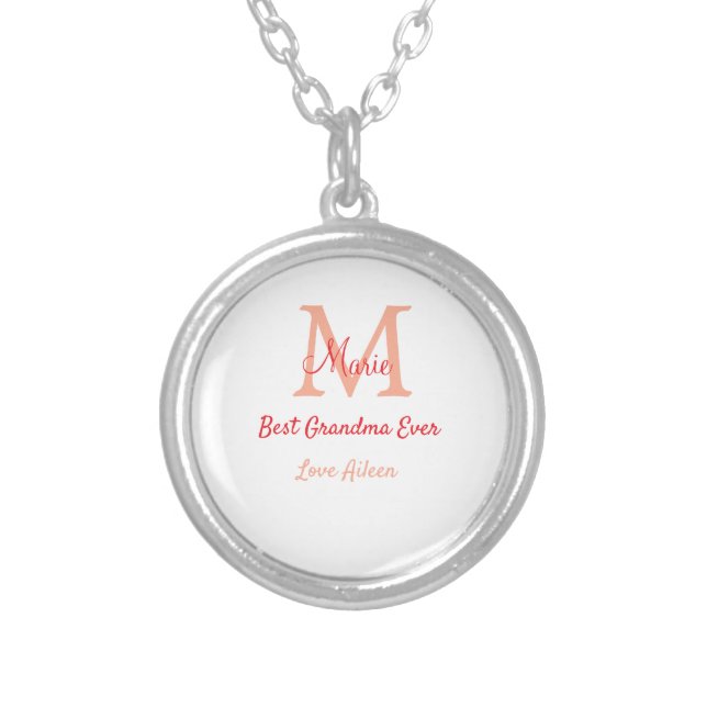 simple minimal best Grandma ever red monogram text Silver Plated Necklace (Front)