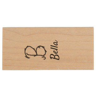 Simple minimal black monogram letter B add name  T Wood Flash Drive