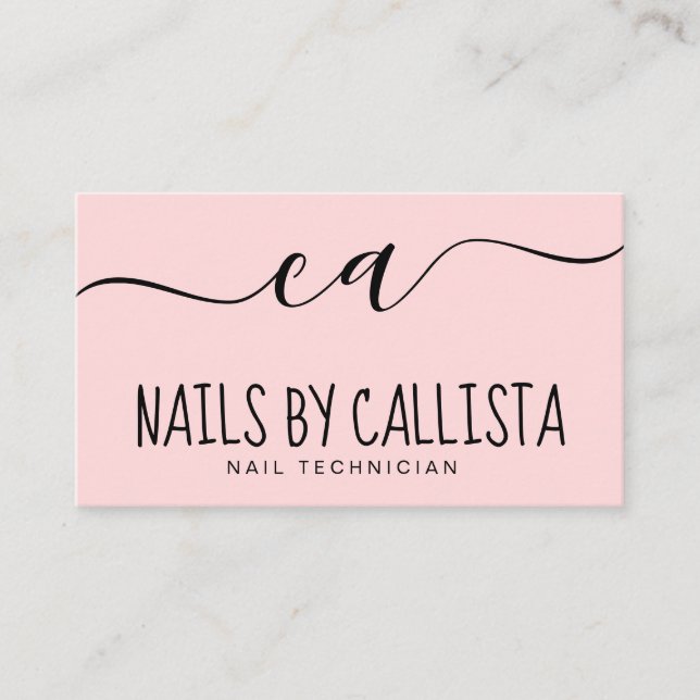Simple Minimal Black Pink Typography Nail Tech Business Card (Front)