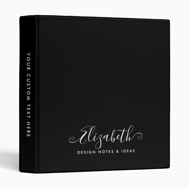 Simple Minimal Black White Elegant Modern Script 3 Ring Binder (Front/Spine)