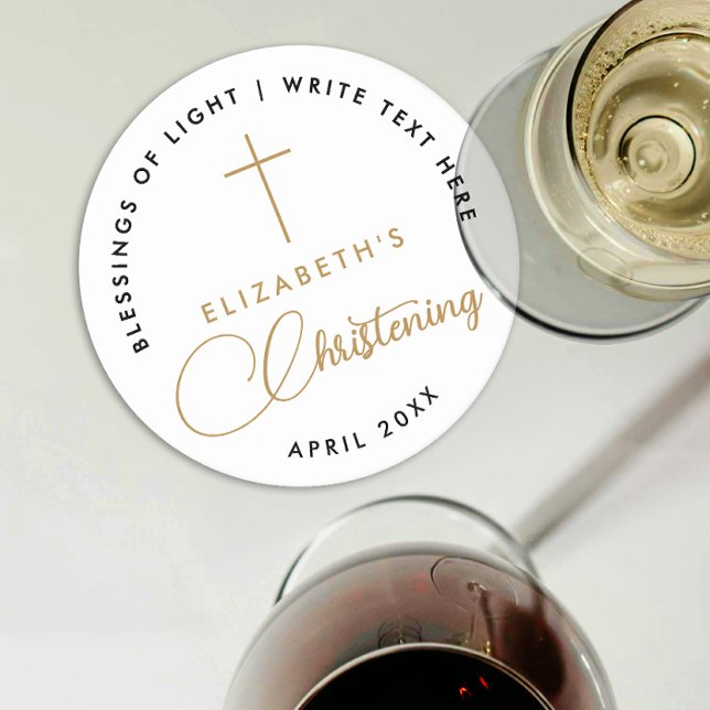 Simple Minimal Black White Gold Cross Christening Round Paper Coaster (Creator Uploaded)