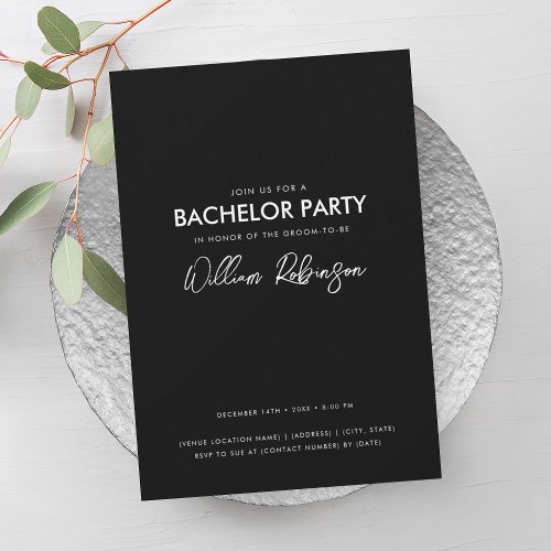 Simple Minimal Black White Script Bachelor Party  Invitation