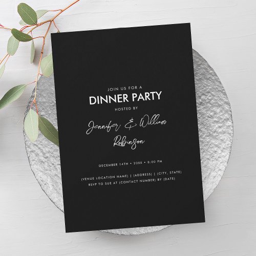 Simple Minimal Black  White Script Dinner Party  Invitation
