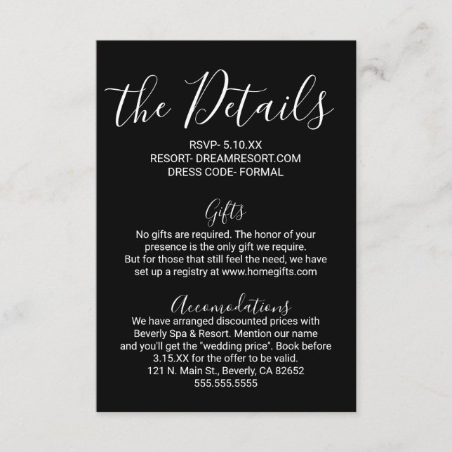 Simple Minimal Black White Wedding Details Enclosure Card (Front)