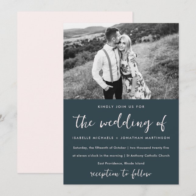 Simple Minimal Blue Blush Photo Wedding Invitation (Front/Back)