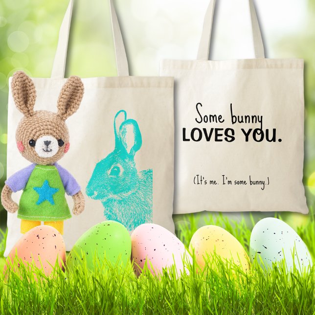 Simple Minimal Blue-Green Easter Bunny  Tote Bag (Cute blue bunny tote bag with loving custom note on the back is a unique alternative to a basket.)