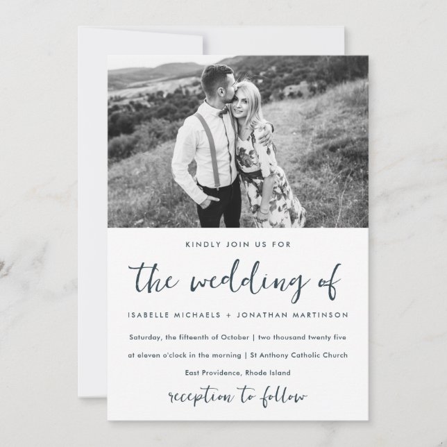 Simple Minimal Blue Photo Wedding Invitation (Front)