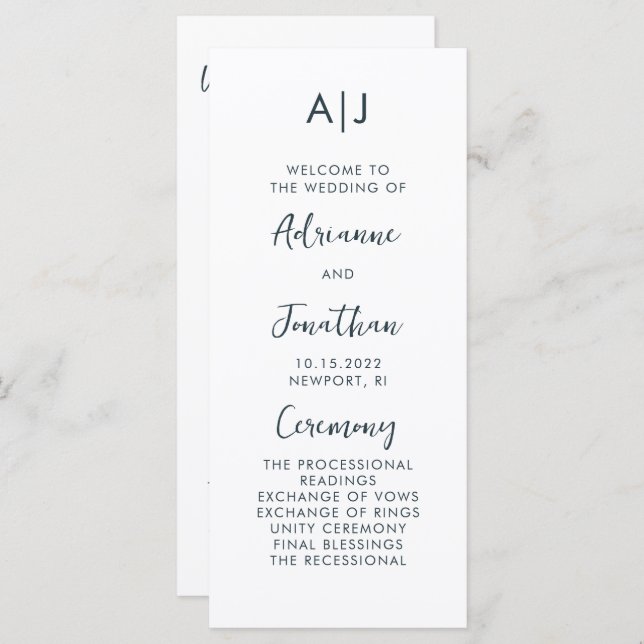 Simple Minimal Blue White Wedding Ceremony Program (Front/Back)