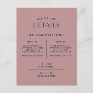 Simple Minimal Blush Navy Wedding Detail Enclosure Card