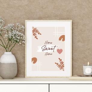 Simple Minimal Boho Art Leaf Heart Home Sweet Home Poster