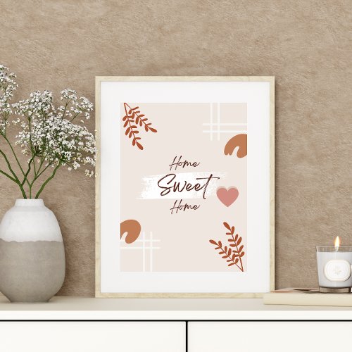 Simple Minimal Boho Art Leaf Heart Home Sweet Home Poster