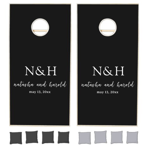 Simple Minimal Bold Monogram Black Modern Wedding Cornhole Set