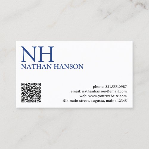 Simple Minimal Bold Monogram Blue Modern QR Code Business Card